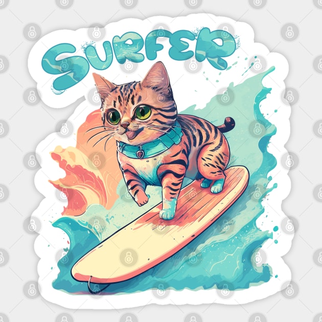 Surfer Cute Cat Summer Fun Sticker by PetODesigns